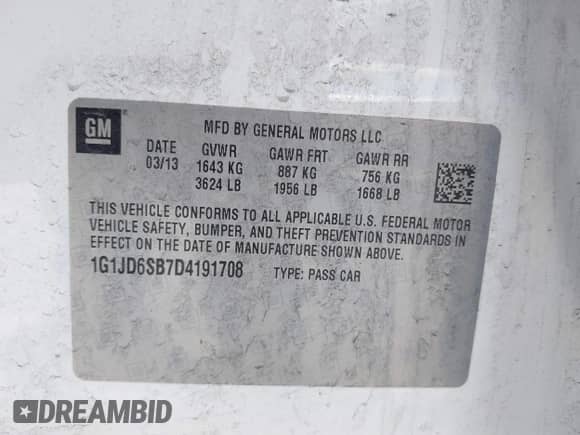 2013 Chevrolet Sonic LT with VIN 1G1JD6SB7D4191708, listed as a IAAI auction lot 41742864 with 188,170 mi miles and . Bid and sale history available at DreamBid. Image 9.