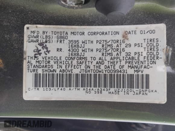 ✅ 2000 Lexus LX 470 • VIN: JT6HT00W1Y0099431 • Lot: 43038783. Wystawiony na IAAI z przebiegiem 274 401 mil. Bezpłatny archiwum sprzedaży aukcyjnych z USA i szczegółowy raport historii pojazdu na DreamBid. Zdjęcie 9.