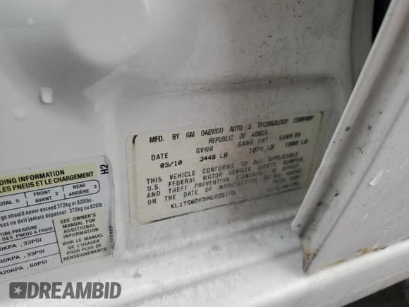 ✅ 2010 Chevrolet Aveo 2LT • VIN: KL1TG6DE5AB096173 • Lot: 66128455. Wystawiony na Copart z przebiegiem 151 507 mil. Bezpłatny archiwum sprzedaży aukcyjnych z USA i szczegółowy raport historii pojazdu na DreamBid. Zdjęcie 12.