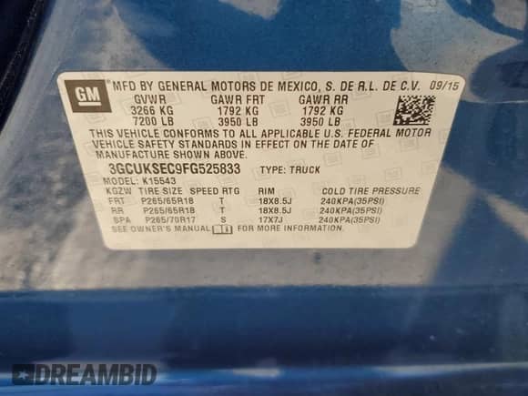 2015 Chevrolet Silverado 1500 LTZ with VIN 3GCUKSEC9FG525833, listed as a Copart auction lot 87082825 with 129,711 mi miles and Salvage title. Bid and sale history available at DreamBid. Image 12.