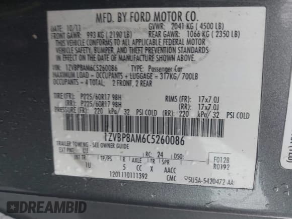 ✅ 2012 Ford Mustang Premium • VIN: 1ZVBP8AM6C5260086 • Lot: 42361831. Listed on IAAI with 262,561 mi. Free auction sales archive from the USA and detailed vehicle history report at DreamBid. Image 9.