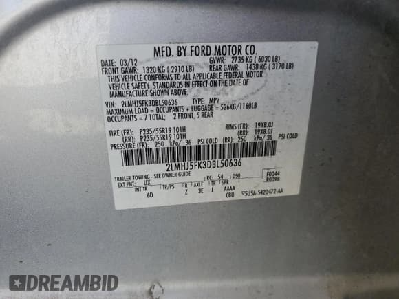 ✅ 2013 Lincoln MKT • VIN: 2LMHJ5FK3DBL50636 • Lot: 68645265. Listed on Copart with 236,040 mi. Free auction sales archive from the USA and detailed vehicle history report at DreamBid. Image 13.