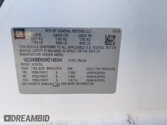 ✅ 2017 Chevrolet Silverado 1500 Work Truck • VIN: 1GCVKNEH3HZ148341 • Lot: 43628887. Wystawiony na IAAI z przebiegiem 180 105 mil. Bezpłatny archiwum sprzedaży aukcyjnych z USA i szczegółowy raport historii pojazdu na DreamBid. Zdjęcie 9.