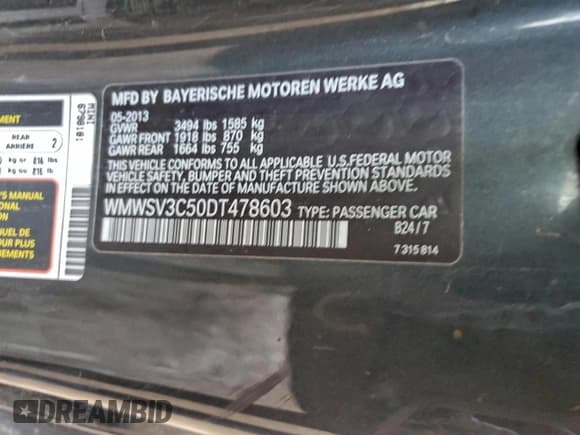 ✅ 2013 MINI Hardtop S • VIN: WMWSV3C50DT478603 • Lot: 93883905. Listed on Copart with 136,211 mi. Free auction sales archive from the USA and detailed vehicle history report at DreamBid. Image 13.