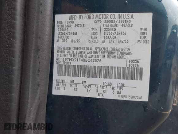 ✅ 1999 Ford F-250 XL • VIN: 1FTNX21F4XEC42576 • Lot: 42865800. Listed on IAAI with 346,583 mi. Free auction sales archive from the USA and detailed vehicle history report at DreamBid. Image 9.