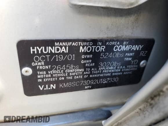 2002 Hyundai Santa Fe GLS z VIN KM8SC73D92U182330, wystawiony jako Copart lot #41827535 z przebiegiem 177 157 mil mil oraz Szkoda całkowita • Salvage title. Historia ofert i sprzedaży dostępna na DreamBid. Obrazek 12.