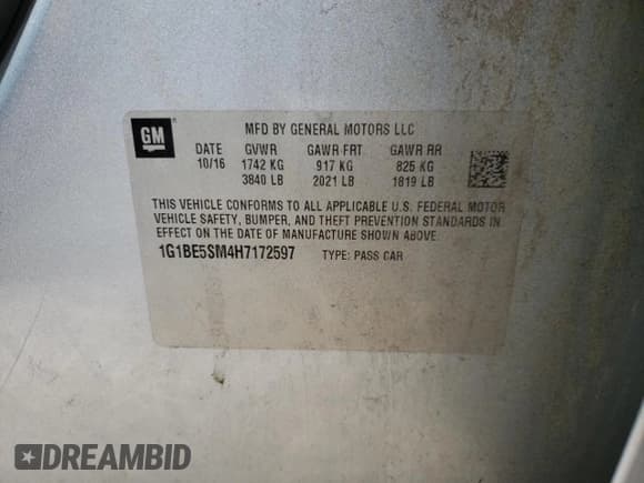 ✅ 2017 Chevrolet Cruze LT • VIN: 1G1BE5SM4H7172597 • Lot: 60172392. Listed on Copart with 137,127 mi. Free auction sales archive from the USA and detailed vehicle history report at DreamBid. Image 10.