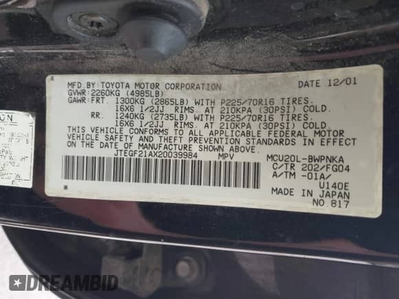 2002 Toyota Highlander с VIN JTEGF21AX20039984, выставлен на аукционе IAAI как лот 42514204 с пробегом 261 631 миль миль и . История ставок и продаж доступна на DreamBid. Изображение 9.