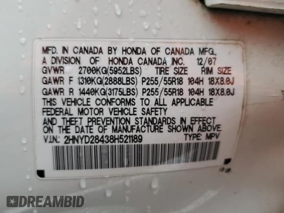 ✅ 2008 Acura MDX Technology • VIN: 2HNYD28438H521189 • Lot: 89624605. Listed on Copart with Not provided. Free auction sales archive from the USA and detailed vehicle history report at DreamBid. Image 13.