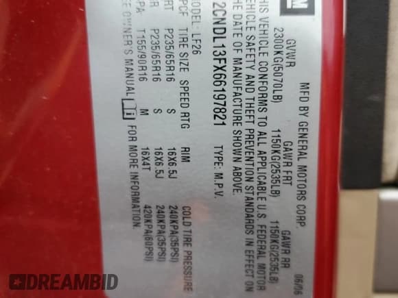 ✅ 2006 Chevrolet Equinox LS • VIN: 2CNDL13FX66197821 • Лот: 80267414. Опубликован ранее на Copart с пробегом 97 998 миль. Бесплатный доступ к архиву аукционных продаж из США и подробный отчёт об истории автомобиля на DreamBid. Изображение 14.