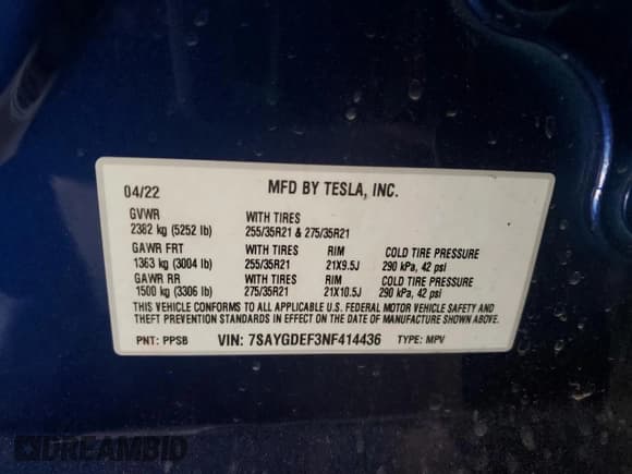 ✅ 2022 Tesla Model Y Performance • VIN: 7SAYGDEF3NF414436 • Lot: 93658745. Listed on Copart with 49,839 mi. Free auction sales archive from the USA and detailed vehicle history report at DreamBid. Image 14.