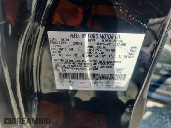 2010 Mercury Mariner Premier с VIN 4M2CN9HGXAKJ20666, выставлен на аукционе Copart как лот 80454315 с пробегом 163 103 миль миль и Списание • Salvage title. История ставок и продаж доступна на DreamBid. Изображение 13.