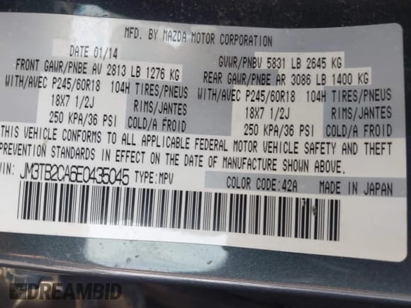 ✅ 2014 Mazda CX-9 Touring • VIN: JM3TB2CA6E0435045 • Lot: 43504679. Listed on IAAI with Not provided. Free auction sales archive from the USA and detailed vehicle history report at DreamBid. Image 9.