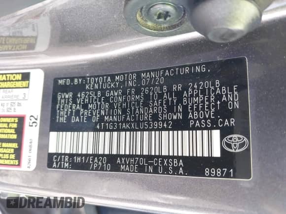 2020 Toyota Camry Hybrid SE с VIN 4T1G31AKXLU539942, выставлен на аукционе IAAI как лот 42300015 с пробегом 67 035 миль миль и . История ставок и продаж доступна на DreamBid. Изображение 9.