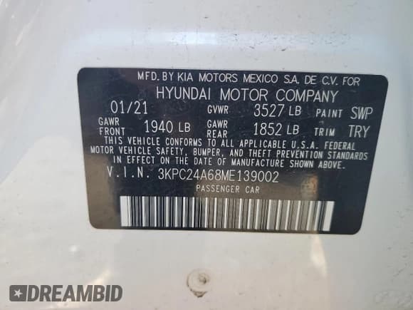 ✅ 2021 Hyundai Accent SE • VIN: 3KPC24A68ME139002 • Лот: 45714285. Опубликован ранее на Copart с пробегом 67 357 миль. Бесплатный доступ к архиву аукционных продаж из США и подробный отчёт об истории автомобиля на DreamBid. Изображение 12.