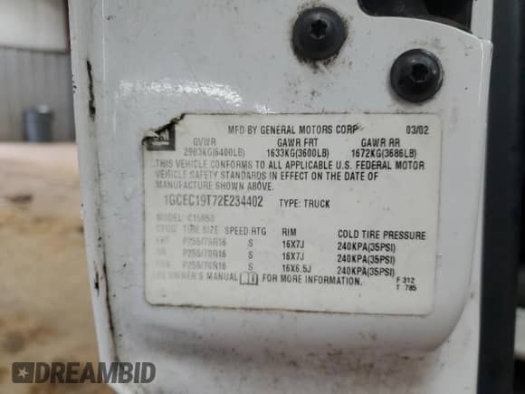 2002 Chevrolet Silverado 1500 with VIN 1GCEC19T72E234402, listed as a Copart auction lot 85130274 with 205,415 mi miles and Salvage title. Bid and sale history available at DreamBid. Image 12.