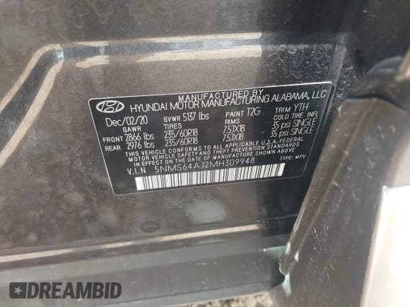 ✅ 2021 Hyundai Santa Fe SEL • VIN: 5NMS64AJ2MH309948 • Lot: 43392363. Listed on IAAI with 29,182 mi. Free auction sales archive from the USA and detailed vehicle history report at DreamBid. Image 9.