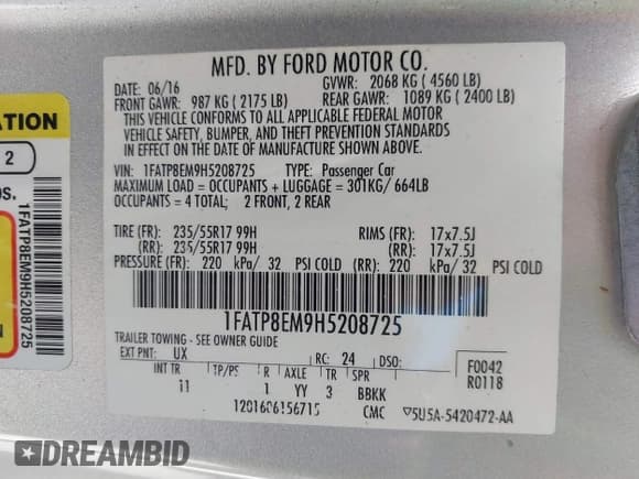 ✅ 2017 Ford Mustang V6 • VIN: 1FATP8EM9H5208725 • Lot: 41838293. Wystawiony na IAAI z przebiegiem 88 780 mil. Bezpłatny archiwum sprzedaży aukcyjnych z USA i szczegółowy raport historii pojazdu na DreamBid. Zdjęcie 9.