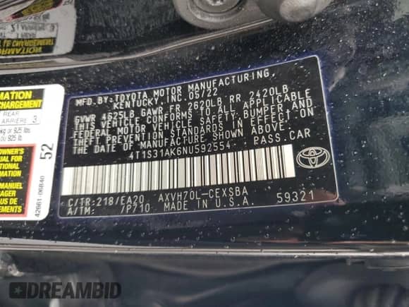 2022 Toyota Camry Hybrid SE with VIN 4T1S31AK6NU592554, listed as a Copart auction lot 80089135 with 166,135 mi miles and Salvage title. Bid and sale history available at DreamBid. Image 12.