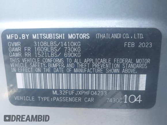 ✅ 2023 Mitsubishi Mirage ES • VIN: ML32FUFJXPHF04233 • Лот: 42244329. Опубликован ранее на IAAI с пробегом 35 666 миль. Бесплатный доступ к архиву аукционных продаж из США и подробный отчёт об истории автомобиля на DreamBid. Изображение 9.