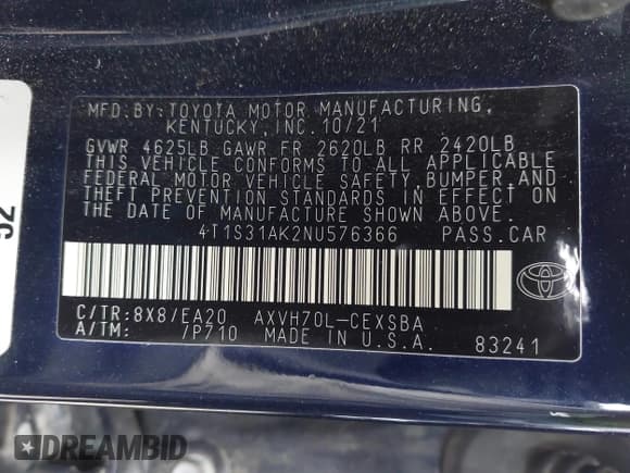 ✅ 2022 Toyota Camry Hybrid SE • VIN: 4T1S31AK2NU576366 • Lot: 42539939. Listed on IAAI with 10,900 mi. Free auction sales archive from the USA and detailed vehicle history report at DreamBid. Image 9.