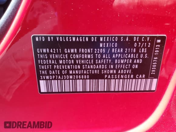 ✅ 2013 Volkswagen Jetta SE • VIN: 3VWDP7AJ3DM206880 • Lot: 57966595. Listed on Copart with 277,476 mi. Free auction sales archive from the USA and detailed vehicle history report at DreamBid. Image 12.