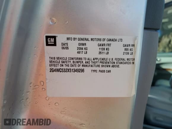 ✅ 2005 Buick LaCrosse CX • VIN: 2G4WC532X51349296 • Lot: 50602685. Listed on Copart with 61,708 mi. Free auction sales archive from the USA and detailed vehicle history report at DreamBid. Image 12.