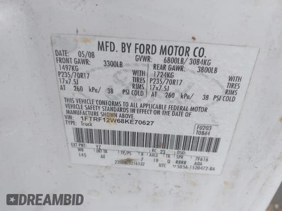 ✅ 2008 Ford F-150 XL • VIN: 1FTRF12W68KE70627 • Lot: 41448219. Wystawiony na IAAI z przebiegiem Nie podano. Bezpłatny archiwum sprzedaży aukcyjnych z USA i szczegółowy raport historii pojazdu na DreamBid. Zdjęcie 9.