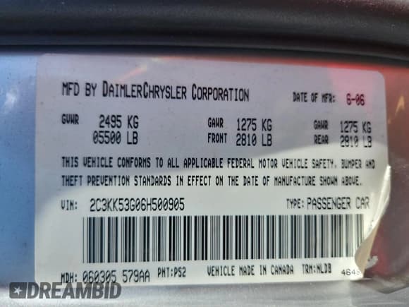 ✅ 2006 Chrysler 300 Touring • VIN: 2C3KK53G06H500905 • Lot: 84818185. Listed on Copart with 136,159 mi. Free auction sales archive from the USA and detailed vehicle history report at DreamBid. Image 12.