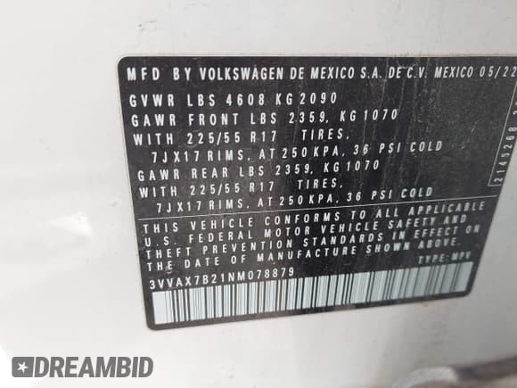 ✅ 2022 Volkswagen Taos S • VIN: 3VVAX7B21NM078879 • Лот: 43424901. Опубликован ранее на IAAI с пробегом 87 098 миль. Бесплатный доступ к архиву аукционных продаж из США и подробный отчёт об истории автомобиля на DreamBid. Изображение 9.