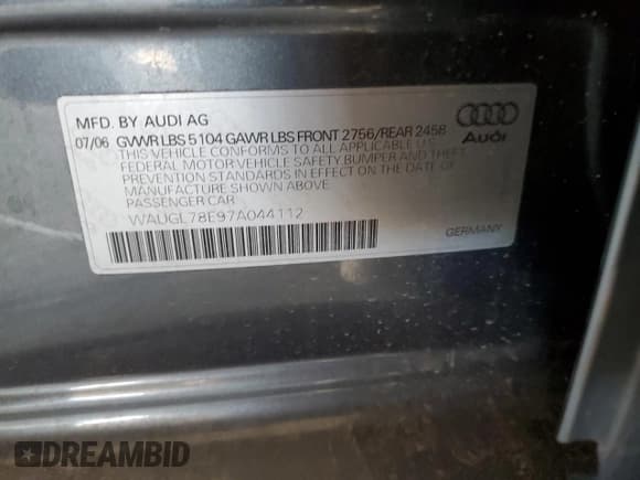 ✅ 2007 Audi S4 • VIN: WAUGL78E97A044112 • Lot: 80011845. Listed on Copart with 170,300 mi. Free auction sales archive from the USA and detailed vehicle history report at DreamBid. Image 12.