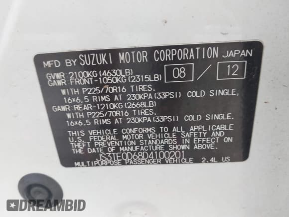 ✅ 2013 Suzuki Grand Vitara Premium • VIN: JS3TE0D68D4100201 • Lot: 42694457. Listed on IAAI with 126,585 mi. Free auction sales archive from the USA and detailed vehicle history report at DreamBid. Image 9.