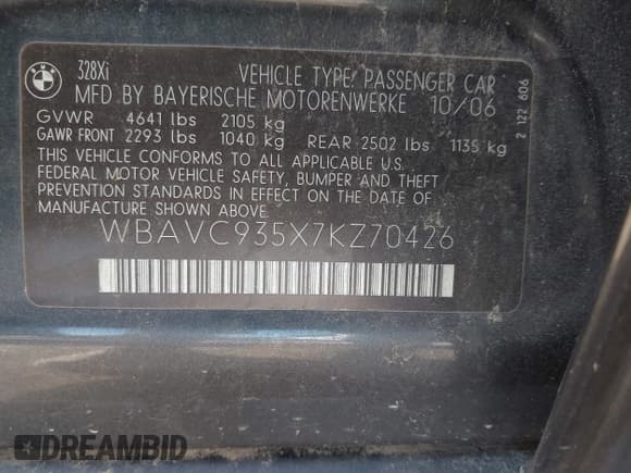 ✅ 2007 BMW 3 Series 328xi • VIN: WBAVC935X7KZ70426 • Лот: 42208879. Опубликован ранее на IAAI с пробегом 103 714 миль. Бесплатный доступ к архиву аукционных продаж из США и подробный отчёт об истории автомобиля на DreamBid. Изображение 9.