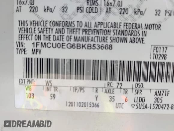 ✅ 2011 Ford Escape Limited • VIN: 1FMCU0EG6BKB53668 • Lot: 43738805. Listed on IAAI with 285,889 mi. Free auction sales archive from the USA and detailed vehicle history report at DreamBid. Image 9.