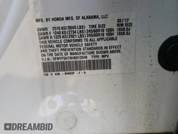 ✅ 2017 Honda Pilot EX-L • VIN: 5FNYF5H79HB013598 • Lot: 62476735. Listed on Copart with Not provided. Free auction sales archive from the USA and detailed vehicle history report at DreamBid. Image 13.