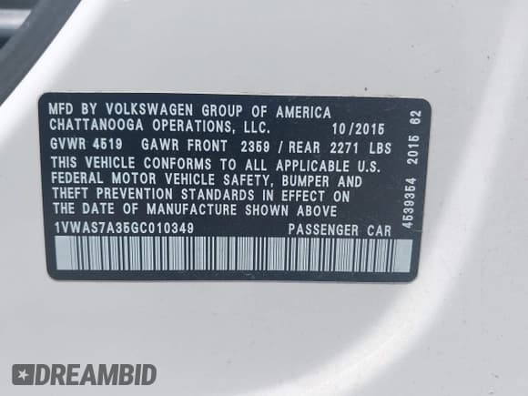 ✅ 2016 Volkswagen Passat S • VIN: 1VWAS7A35GC010349 • Lot: 42648388. Listed on IAAI with 155,556 mi. Free auction sales archive from the USA and detailed vehicle history report at DreamBid. Image 9.