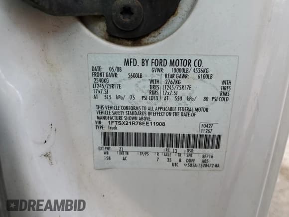 ✅ 2008 Ford F-250 XL • VIN: 1FTSX21R78EE11908 • Lot: 57948425. Listed on Copart with 92,442 mi. Free auction sales archive from the USA and detailed vehicle history report at DreamBid. Image 12.