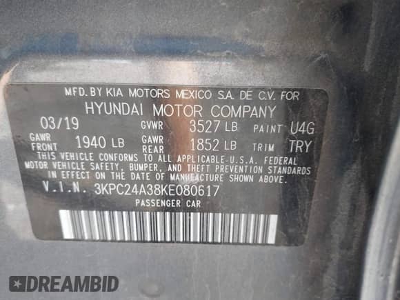 2019 Hyundai Accent SE z VIN 3KPC24A38KE080617, wystawiony jako IAAI lot #43469463 z przebiegiem 156 782 mil mil oraz . Historia ofert i sprzedaży dostępna na DreamBid. Obrazek 9.