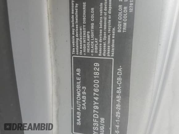 ✅ 2007 Saab 9-3 • VIN: YS3FD79Y476001829 • Lot: 45314305. Wystawiony na Copart z przebiegiem 244 665 mil. Bezpłatny archiwum sprzedaży aukcyjnych z USA i szczegółowy raport historii pojazdu na DreamBid. Zdjęcie 12.