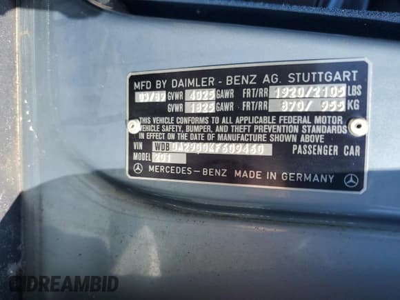✅ 1989 Mercedes-Benz 190 • VIN: WDBDA29D0KF609460 • Lot: 76746744. Wystawiony na Copart z przebiegiem 57 439 mil. Bezpłatny archiwum sprzedaży aukcyjnych z USA i szczegółowy raport historii pojazdu na DreamBid. Zdjęcie 12.