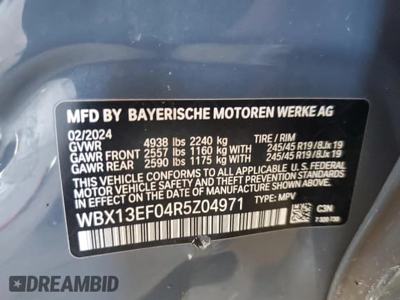 ✅ 2024 BMW X1 • VIN: WBX13EF04R5Z04971 • Lot: 70176595. Wystawiony na Copart z przebiegiem 22 903 mil. Bezpłatny archiwum sprzedaży aukcyjnych z USA i szczegółowy raport historii pojazdu na DreamBid. Zdjęcie 12.