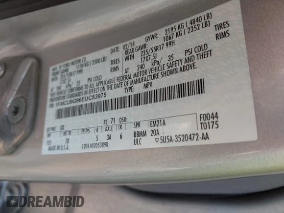 ✅ 2014 Ford Escape SE • VIN: 1FMCU9G96EUC53975 • Lot: 41342661. Wystawiony na IAAI z przebiegiem 128 594 mil. Bezpłatny archiwum sprzedaży aukcyjnych z USA i szczegółowy raport historii pojazdu na DreamBid. Zdjęcie 9.