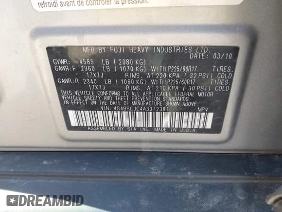 ✅ 2010 Subaru Outback Limited • VIN: 4S4BRCJC4A3372381 • Lot: 42276617. Wystawiony na IAAI z przebiegiem 178 291 mil. Bezpłatny archiwum sprzedaży aukcyjnych z USA i szczegółowy raport historii pojazdu na DreamBid. Zdjęcie 9.