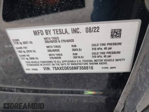 ✅ 2022 Tesla Model X • VIN: 7SAXCDE58NF358816 • Лот: 42254103. Опубликован ранее на IAAI с пробегом 16 556 миль. Бесплатный доступ к архиву аукционных продаж из США и подробный отчёт об истории автомобиля на DreamBid. Изображение 9.