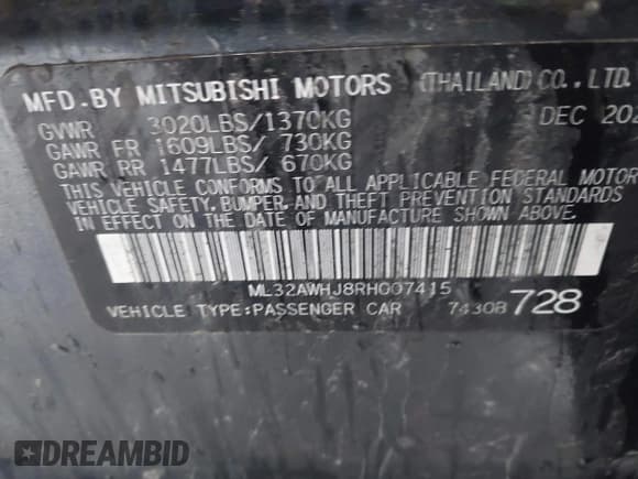 ✅ 2024 Mitsubishi Mirage Black Edition • VIN: ML32AWHJ8RH007415 • Lot: 42231952. Listed on IAAI with 13,837 mi. Free auction sales archive from the USA and detailed vehicle history report at DreamBid. Image 9.