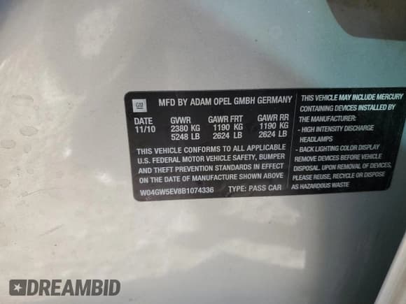 ✅ 2011 Buick Regal CXL Turbo TO2 • VIN: W04GW5EV8B1074336 • Lot: 67150364. Listed on Copart with Not provided. Free auction sales archive from the USA and detailed vehicle history report at DreamBid. Image 12.