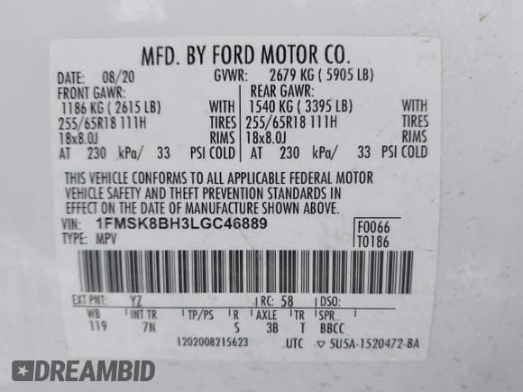 ✅ 2020 Ford Explorer • VIN: 1FMSK8BH3LGC46889 • Lot: 41661584. Listed on IAAI with 77,543 mi. Free auction sales archive from the USA and detailed vehicle history report at DreamBid. Image 9.