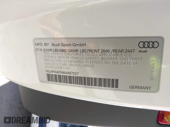 ✅ 2019 Audi RS 5 • VIN: WUAPWAF56KA907227 • Lot: 41215802. Listed on IAAI with 43,157 mi. Free auction sales archive from the USA and detailed vehicle history report at DreamBid. Image 9.