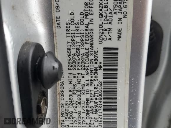 ✅ 2004 Toyota 4Runner Limited • VIN: JTEZT17R148003162 • Lot: 62207875. Listed on Copart with 332,093 mi. Free auction sales archive from the USA and detailed vehicle history report at DreamBid. Image 13.