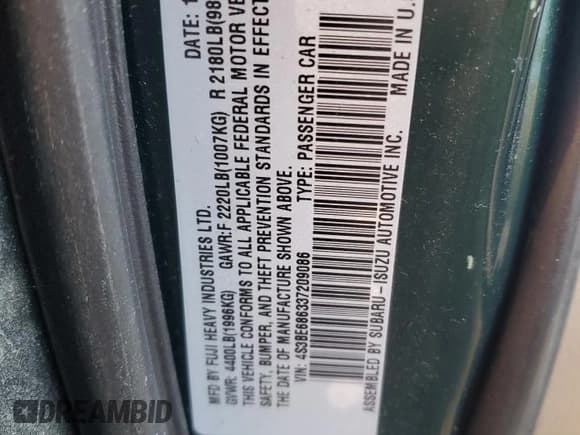 ✅ 2003 Subaru Legacy Outback Limited • VIN: 4S3BE686337209086 • Lot: 88964205. Listed on Copart with Not provided. Free auction sales archive from the USA and detailed vehicle history report at DreamBid. Image 13.